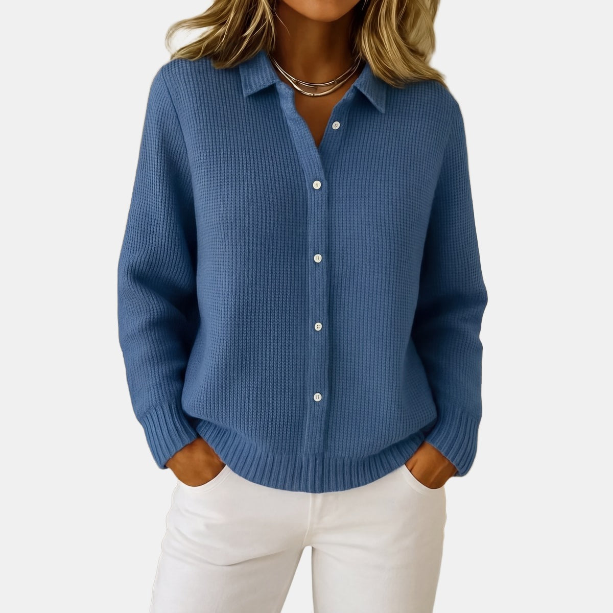 Cardigan Uni à Col Chemise Bleu marine, photo studio