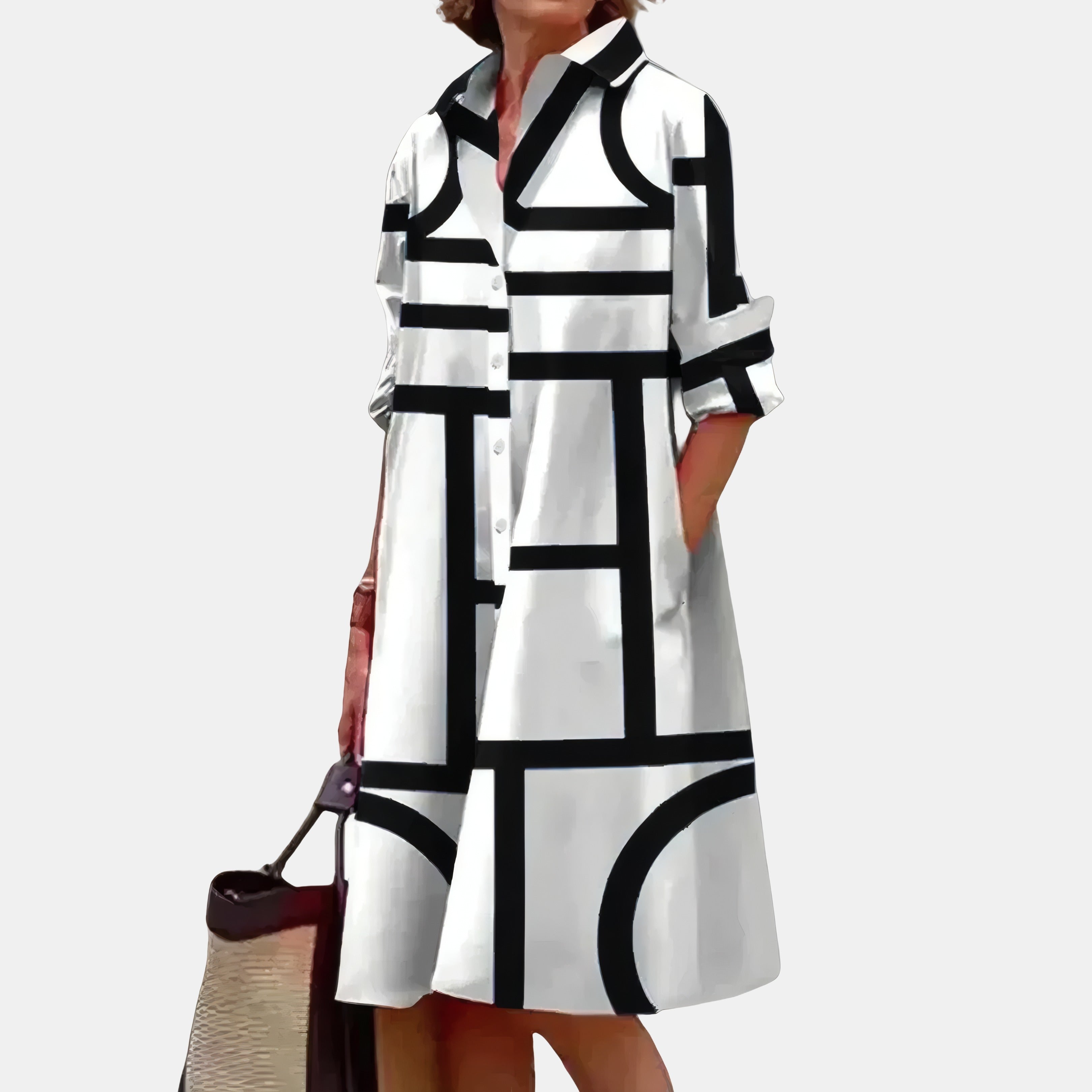 Robe midi à motif géométrique Noir, photo studio