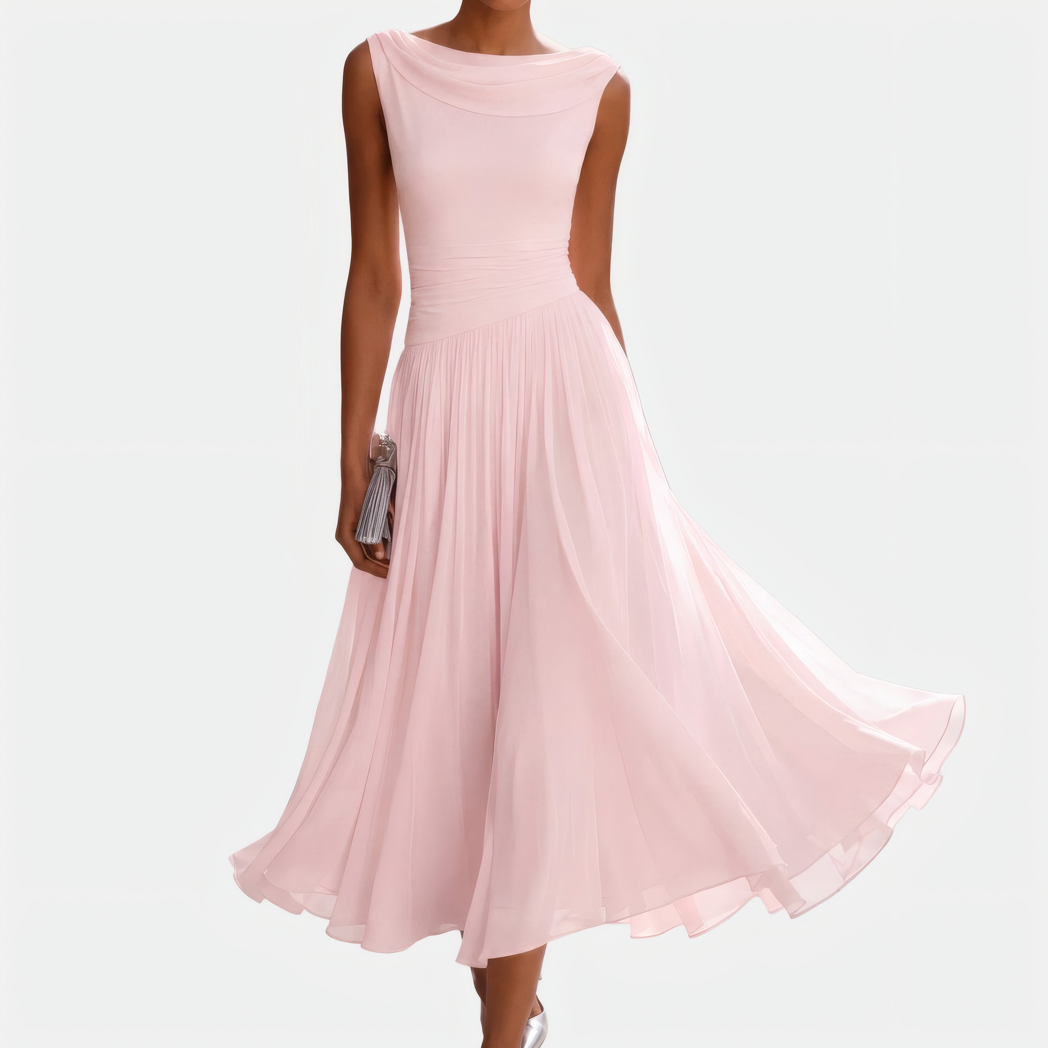 Natalia | Robe midi drapée sans manches — manches Rose, photo studio
