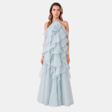 Roseline | Robe longue col licou à volants et fleur