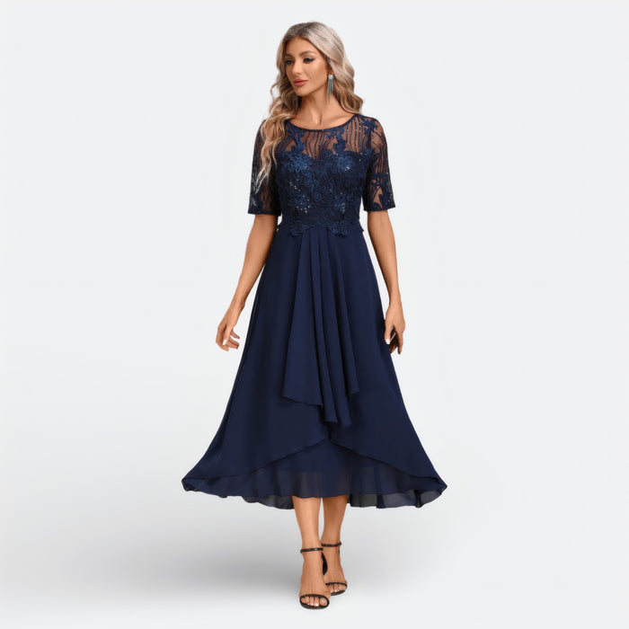 Laurette | Robe midi brodée à manches courtes
