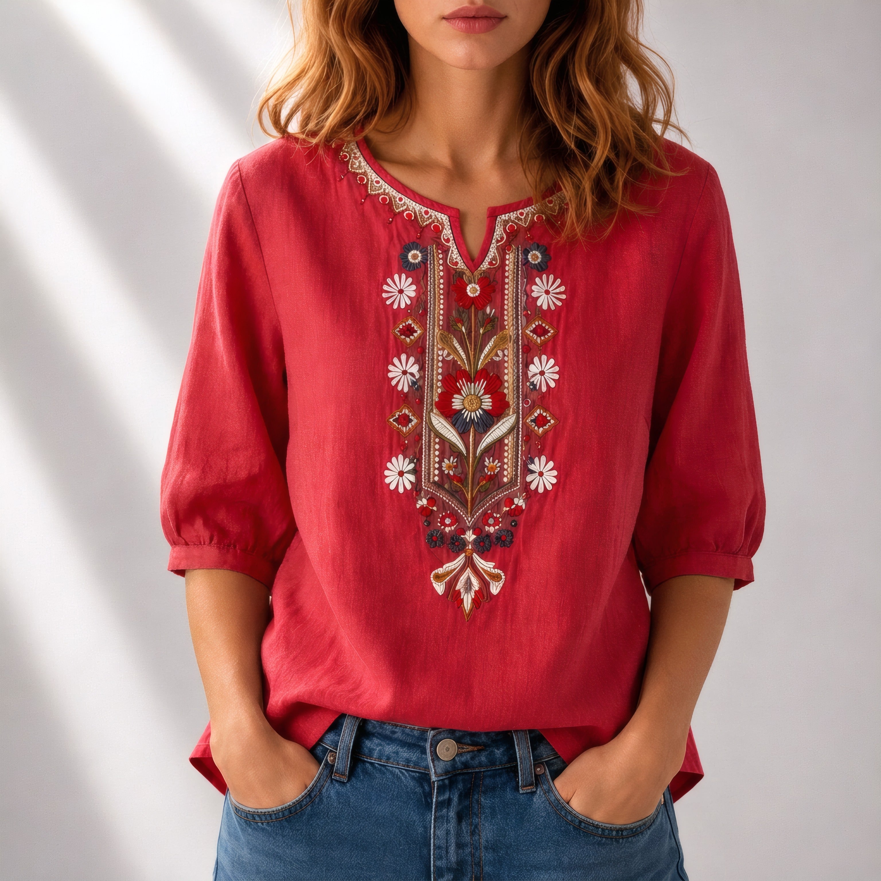 Marianne | Blouse d’été brodée Rouge brique, photo studio