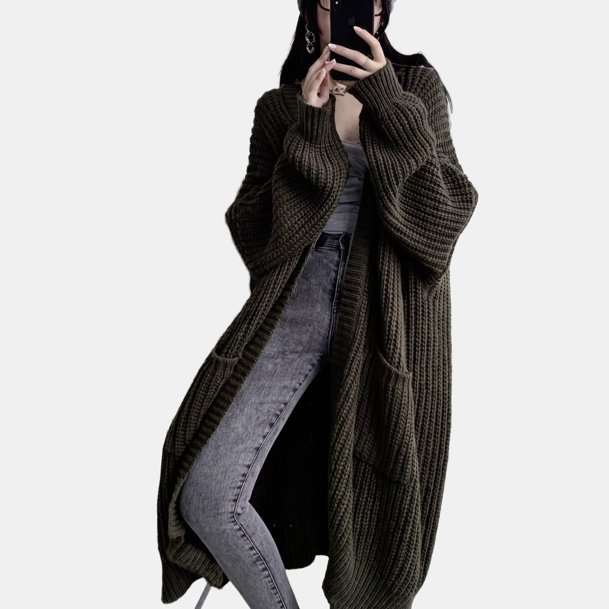 Cardigan Long à Poches Noir, photo studio
