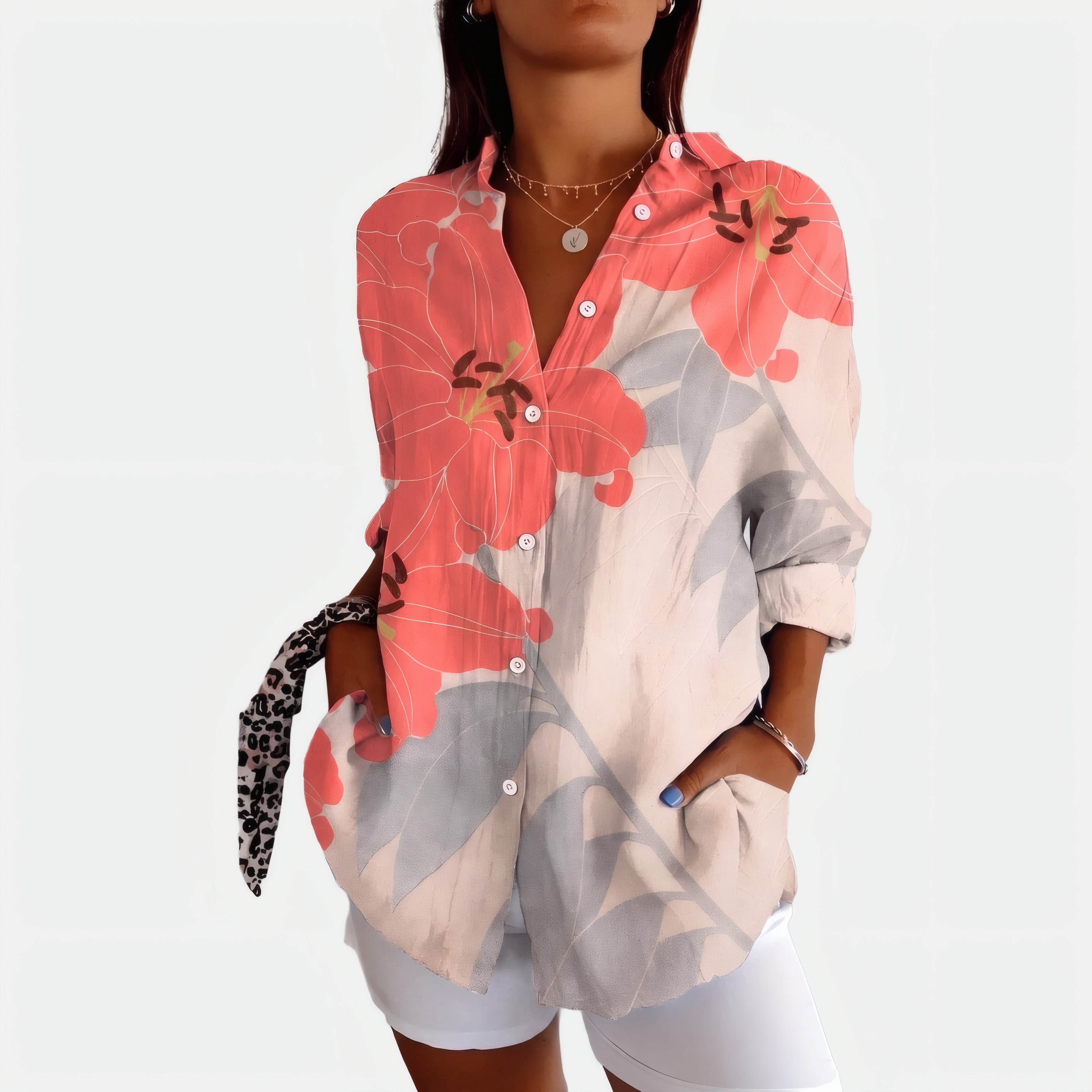 Yolande | Blouse d'inspiration vintage Orange/Gris fleuri, photo studio