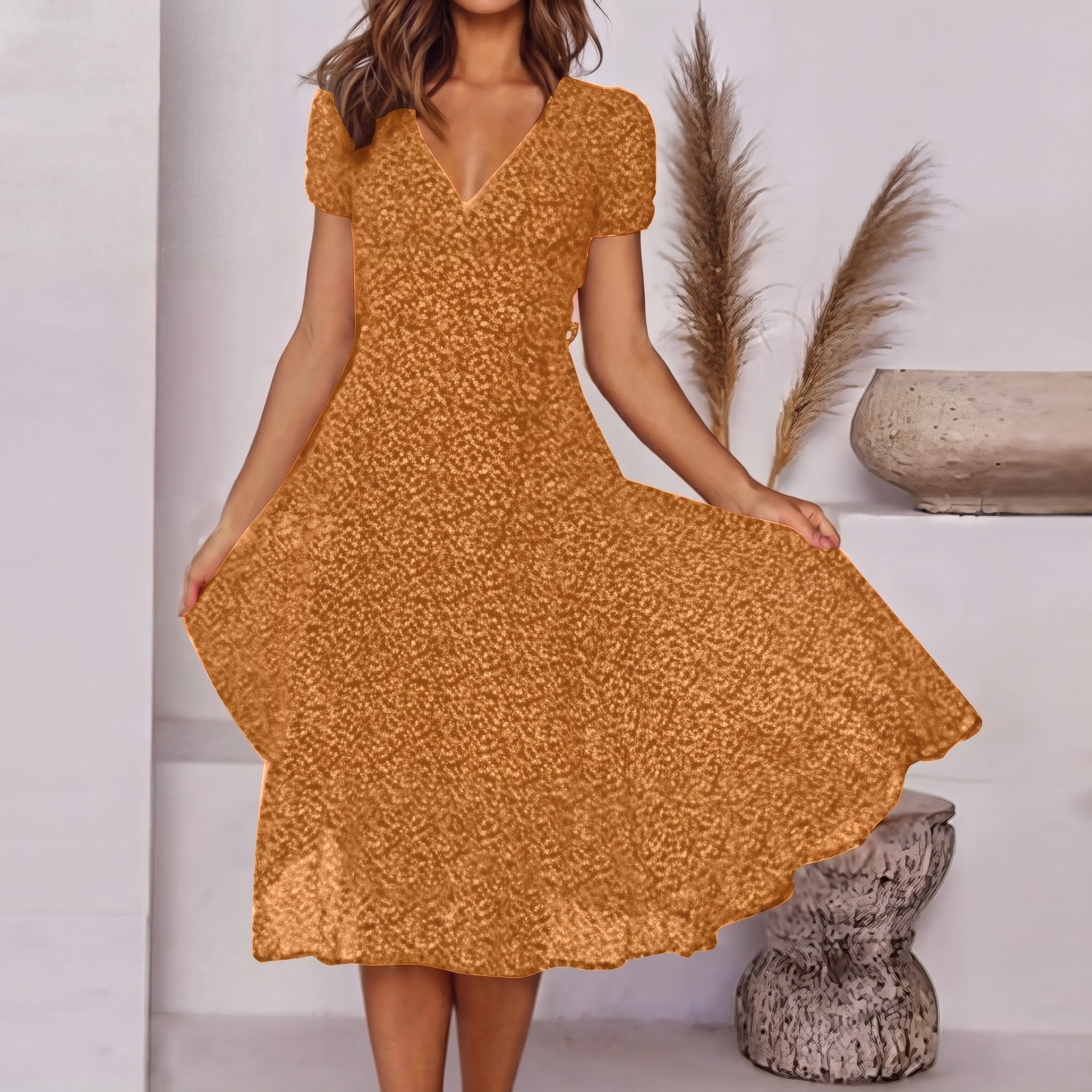 Mélodie | Robe décontractée tendance à col V Jaune, photo studio