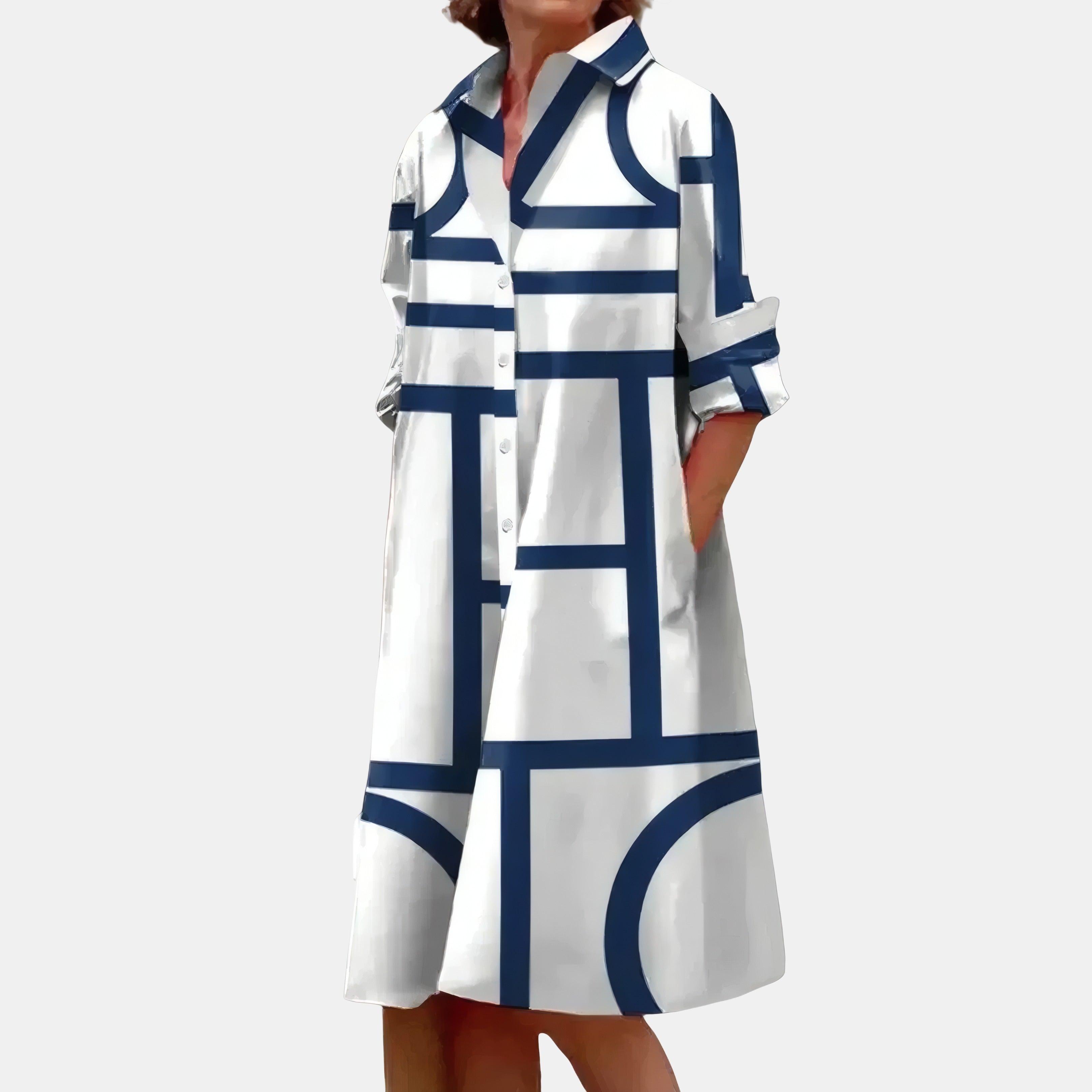 Robe midi à motif géométrique Bleu, photo studio