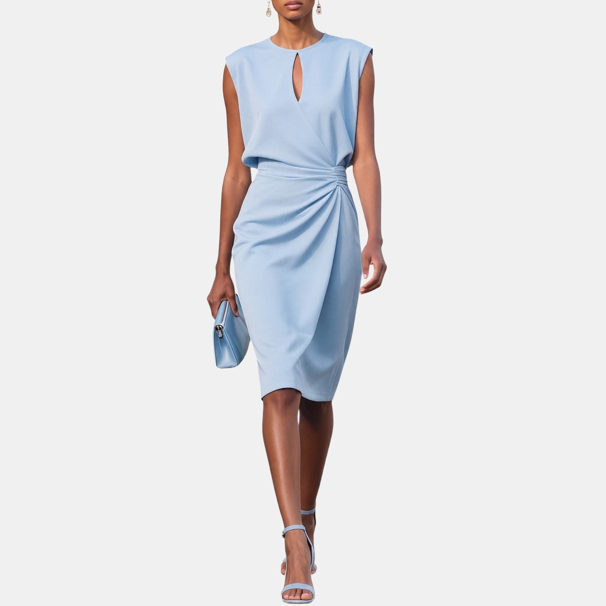 Olena | Robe midi portefeuille élégante Bleu ciel, photo studio