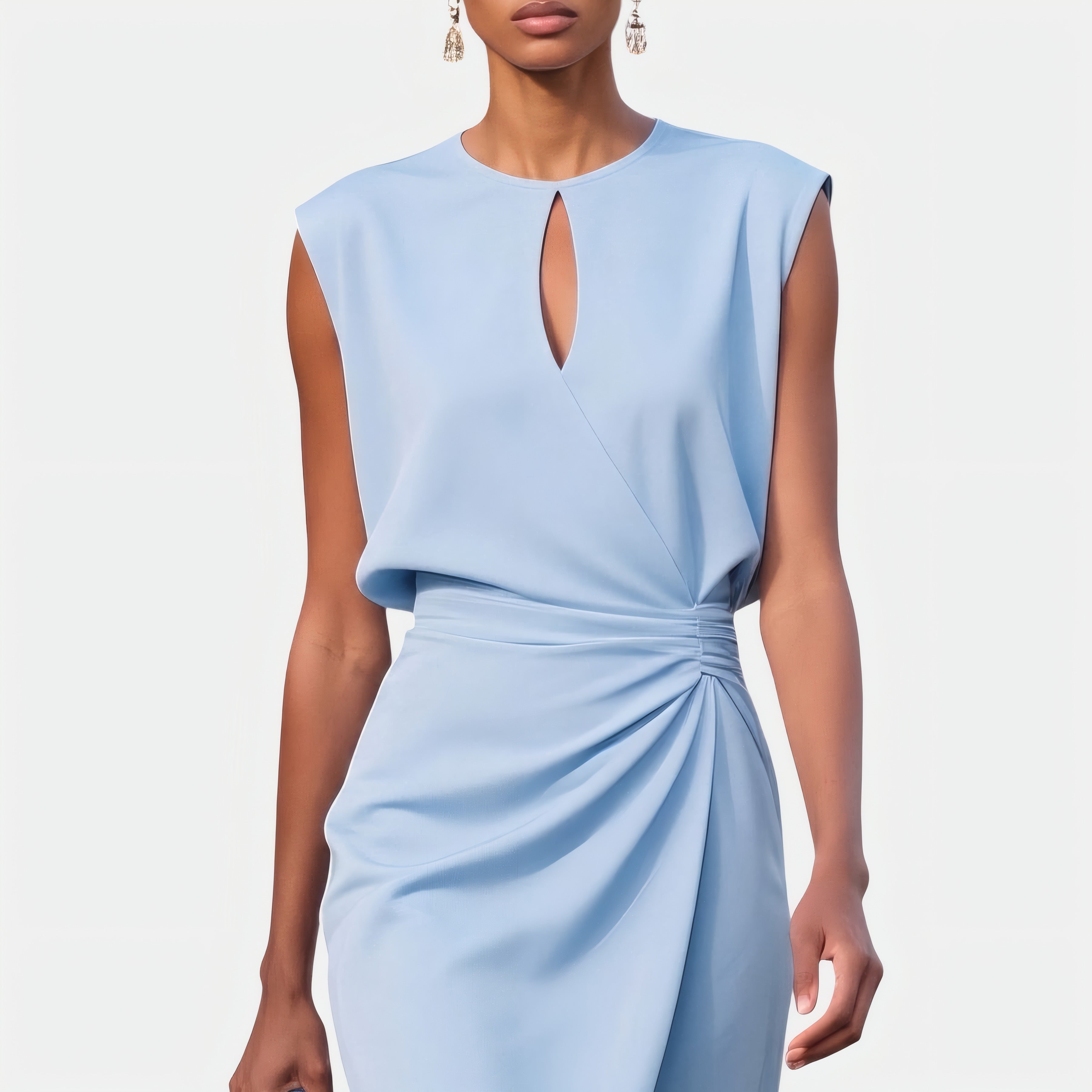 Olena | Robe midi portefeuille élégante Bleu ciel, photo studio
