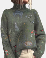 Colette | Tricot à col montant brodé d'animaux des bois
