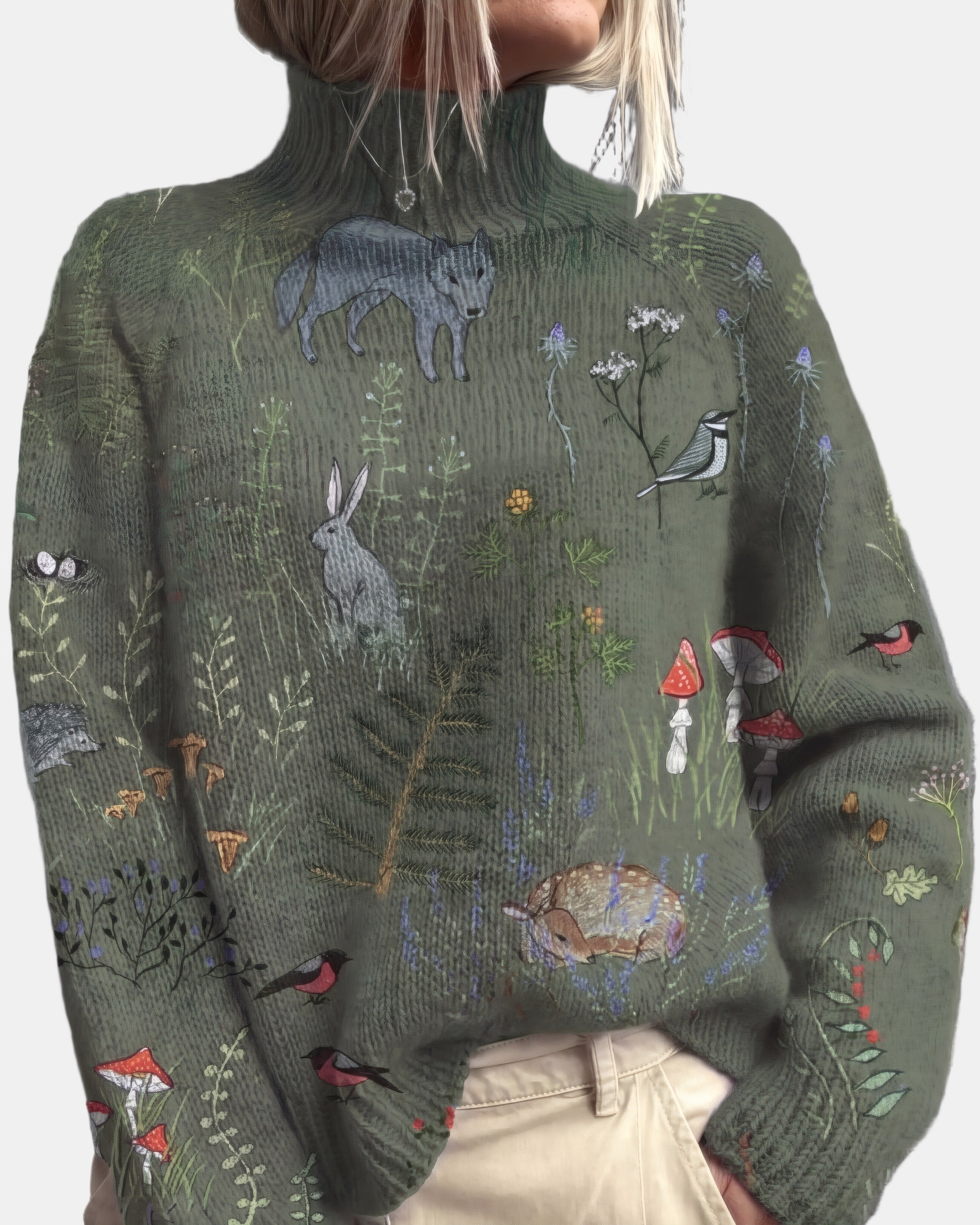 Pull Brodé Animaux des Bois Vert, photo studio