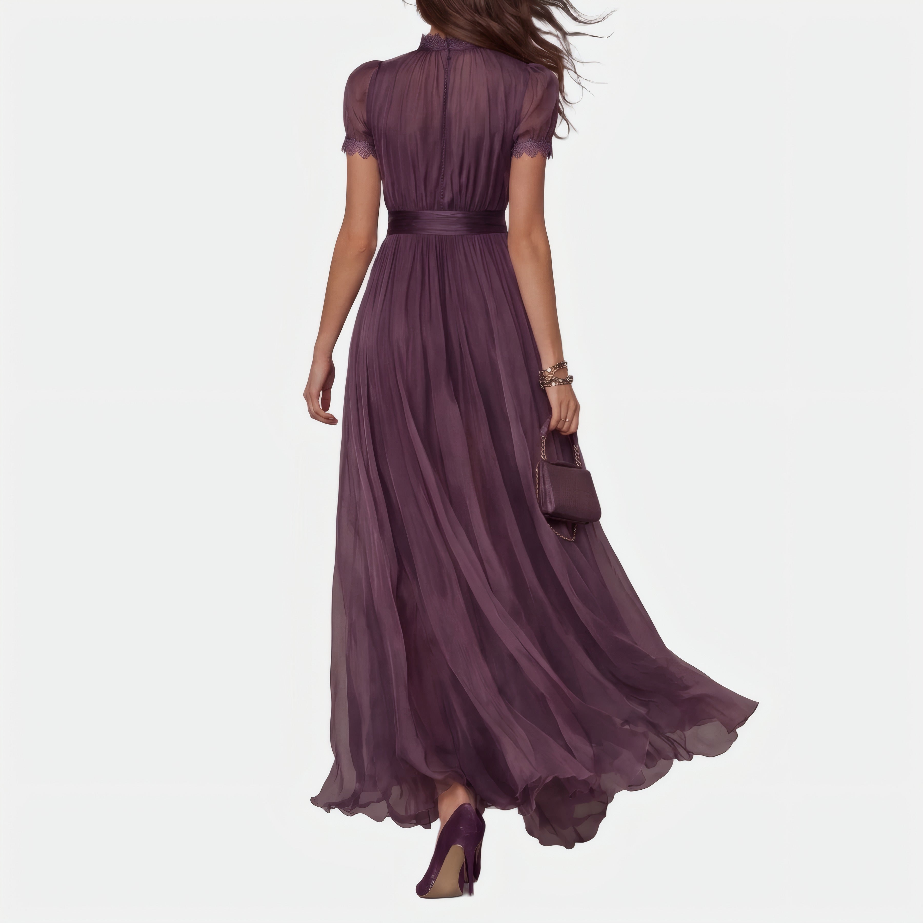 Flavia | Robe longue violette à découpe et finition dentelle — dentelle Violet, photo studio