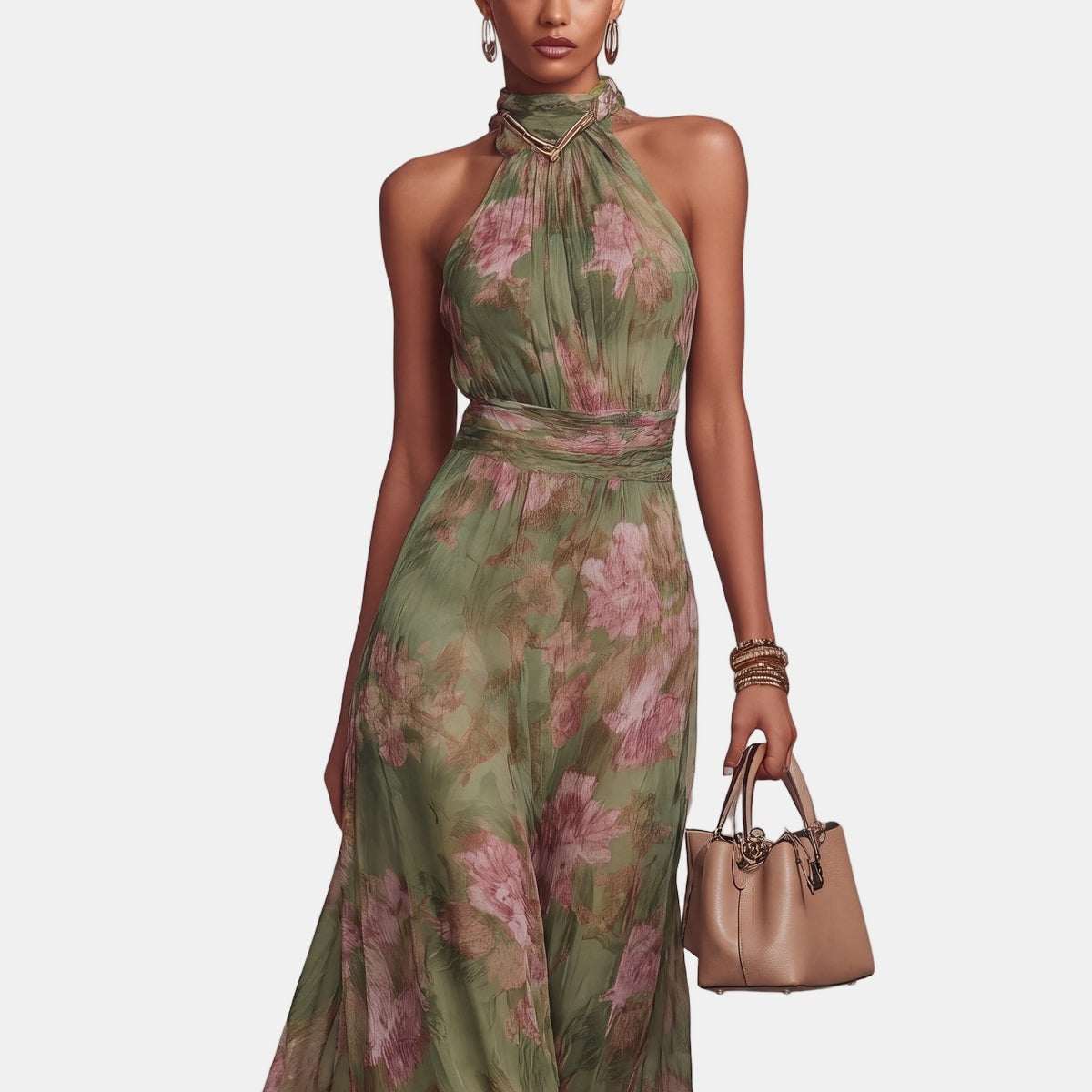Françoise | Robe maxi d'été élégante Imprimé fleuri vert, photo studio