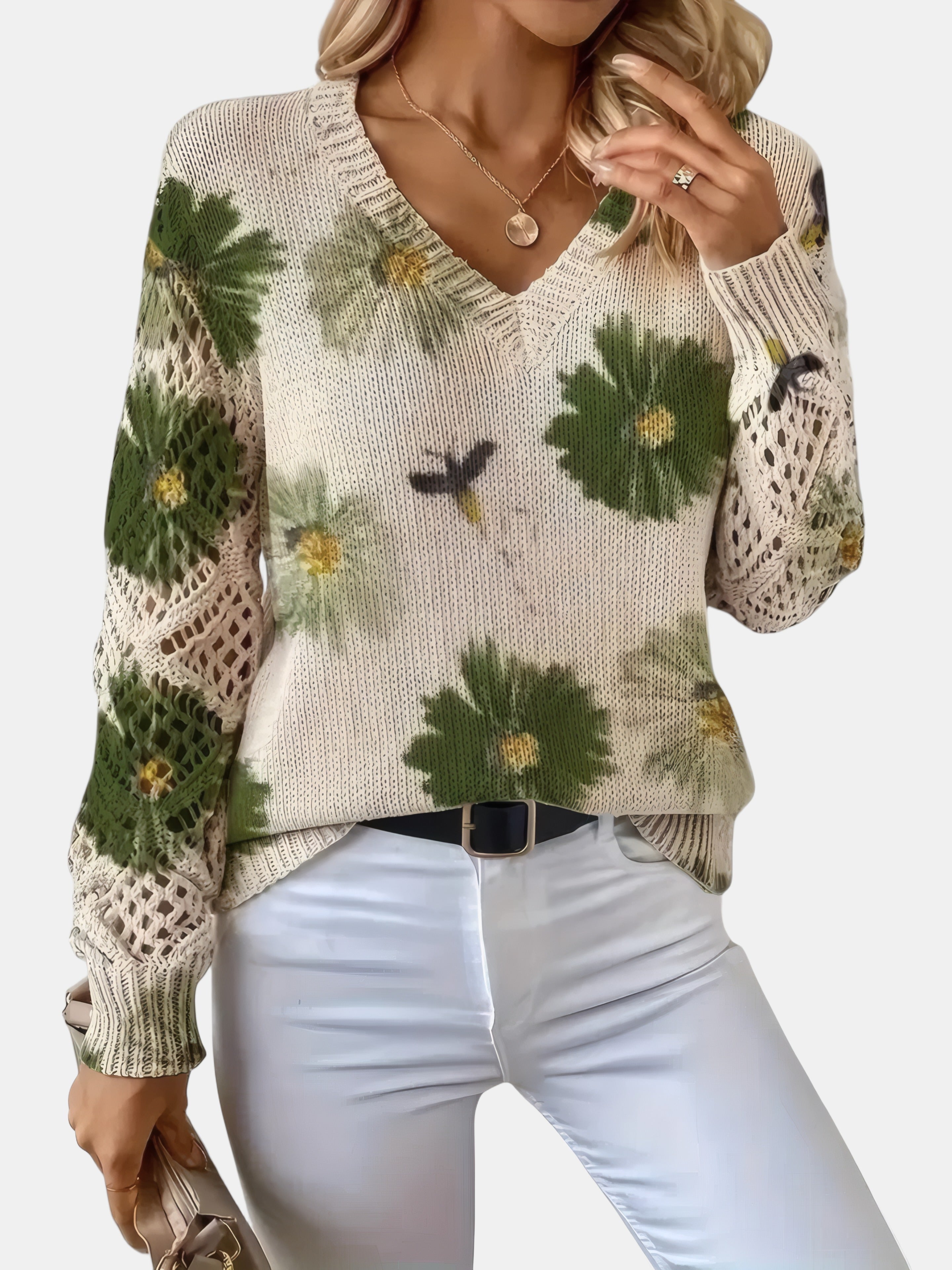 Anaïs | Pull à motif fleuri et manches au crochet Vert, photo studio