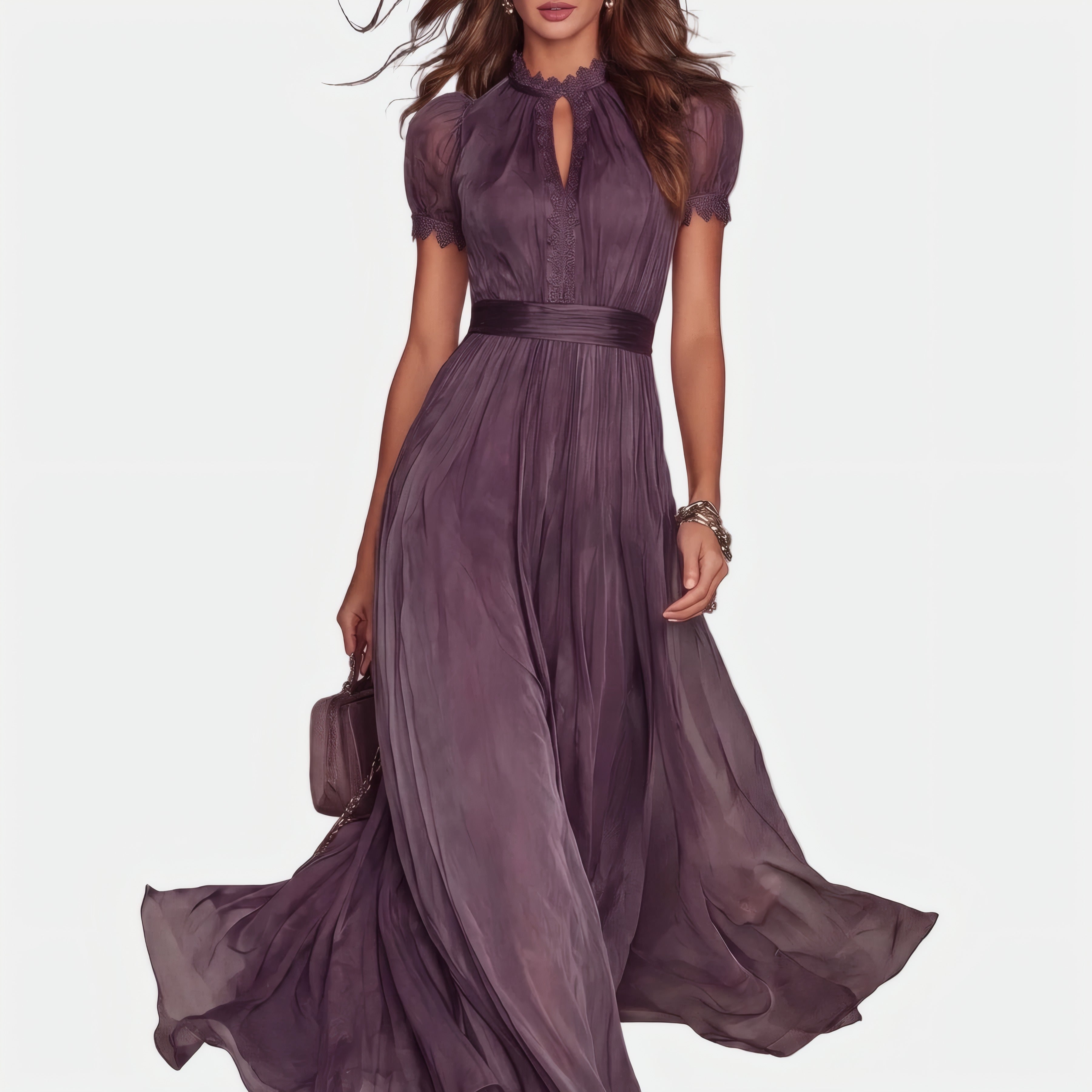 Flavia | Robe longue violette à découpe et finition dentelle — dentelle Violet, photo studio
