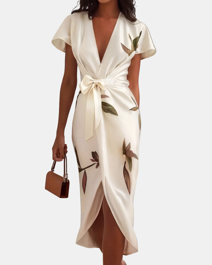 Virginie | Robe portefeuille midi à nœud à la taille