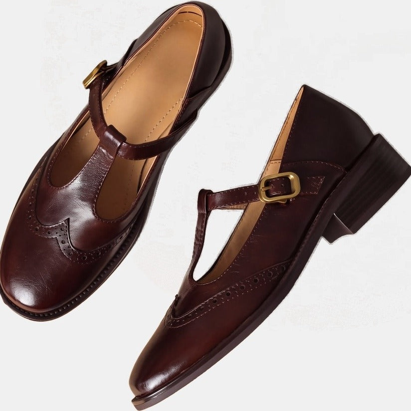 Mary Janes Plates en Cuir Bride Fine Marron, photo studio