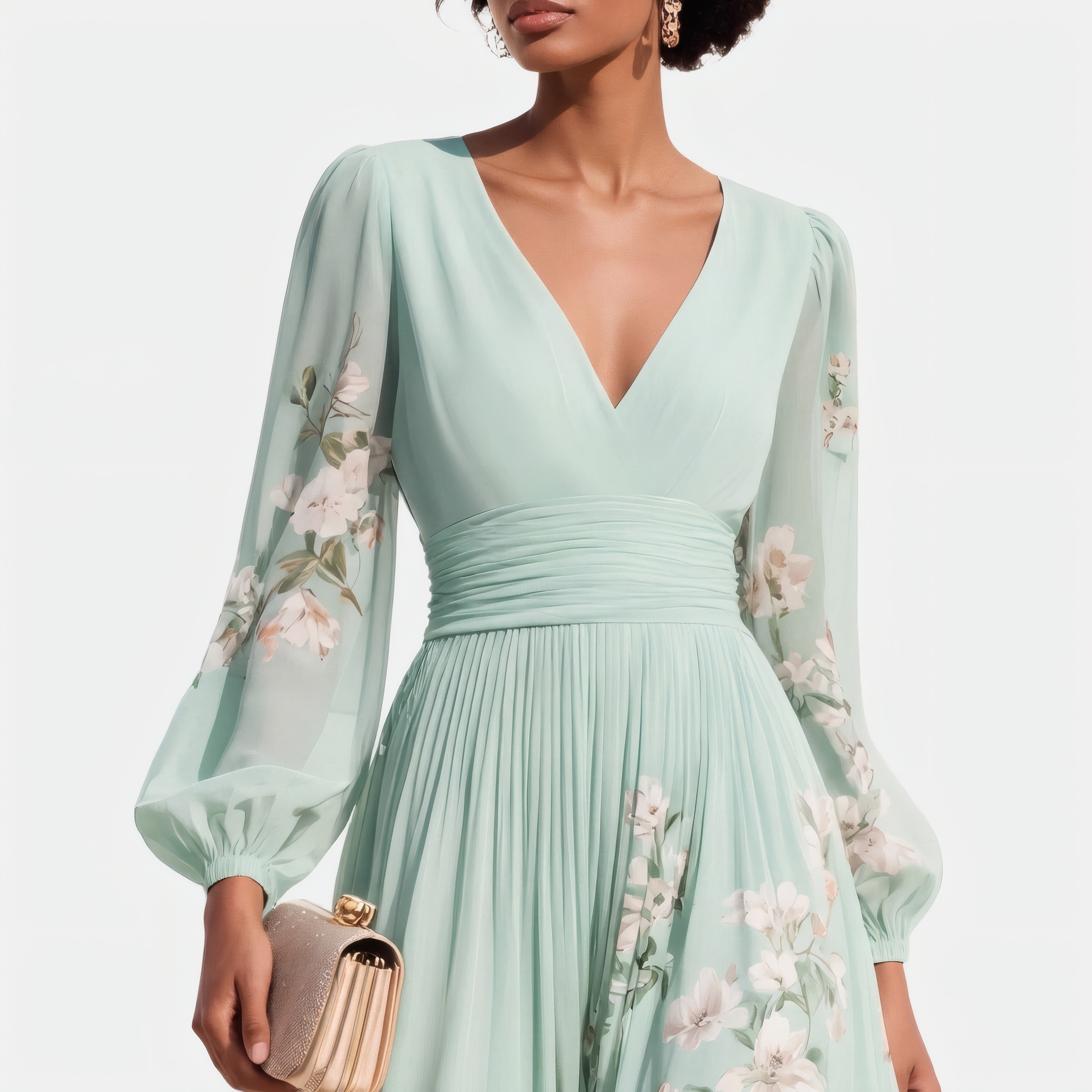 Lucija | Robe midi en mousseline vert clair à plis fleuris — fleuris Vert clair, photo studio