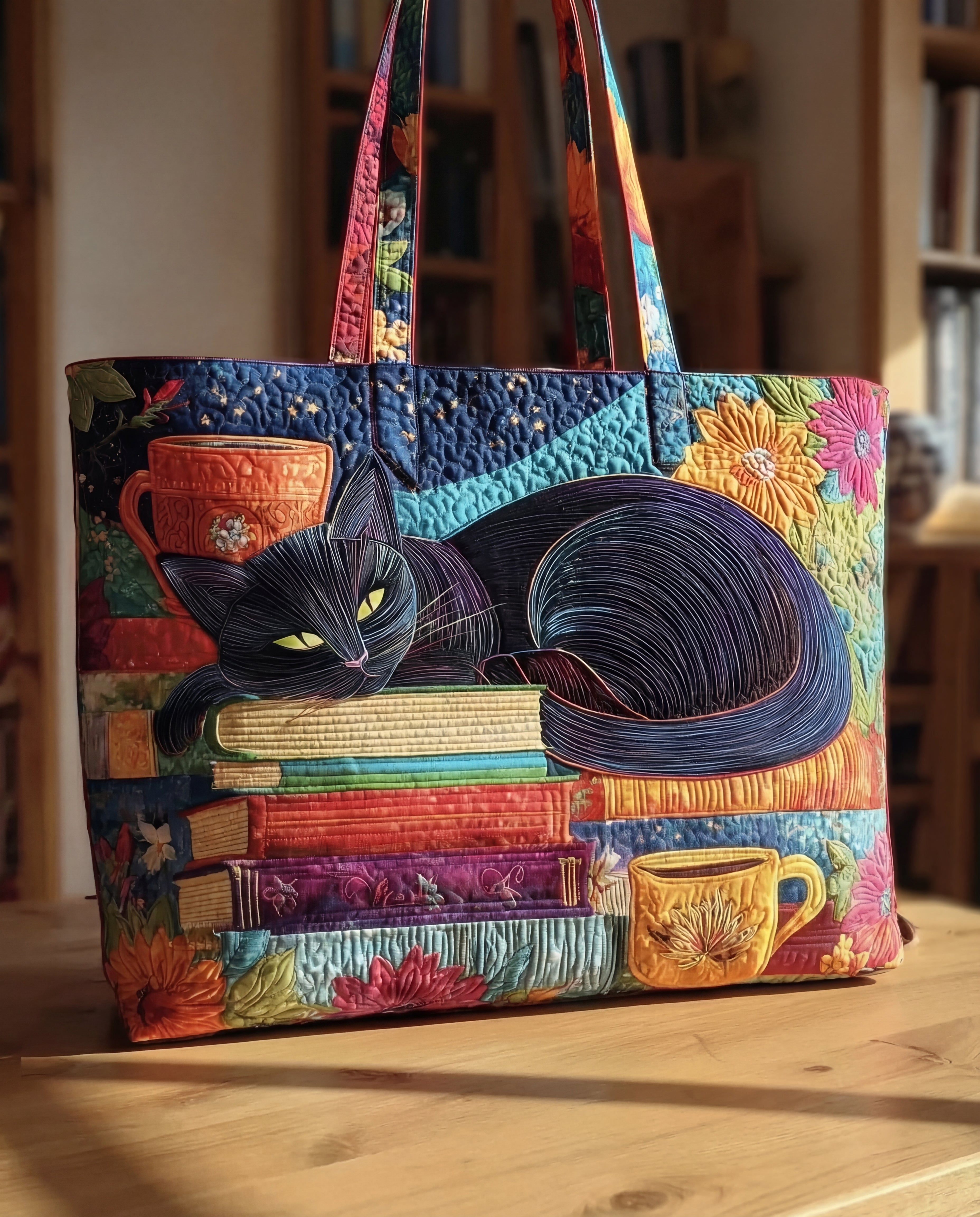 Sac Artisanal - Chat Noir aux Livres et Tasses