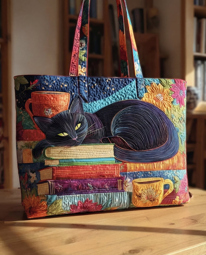 Sac Artisanal - Chat Noir aux Livres et Tasses