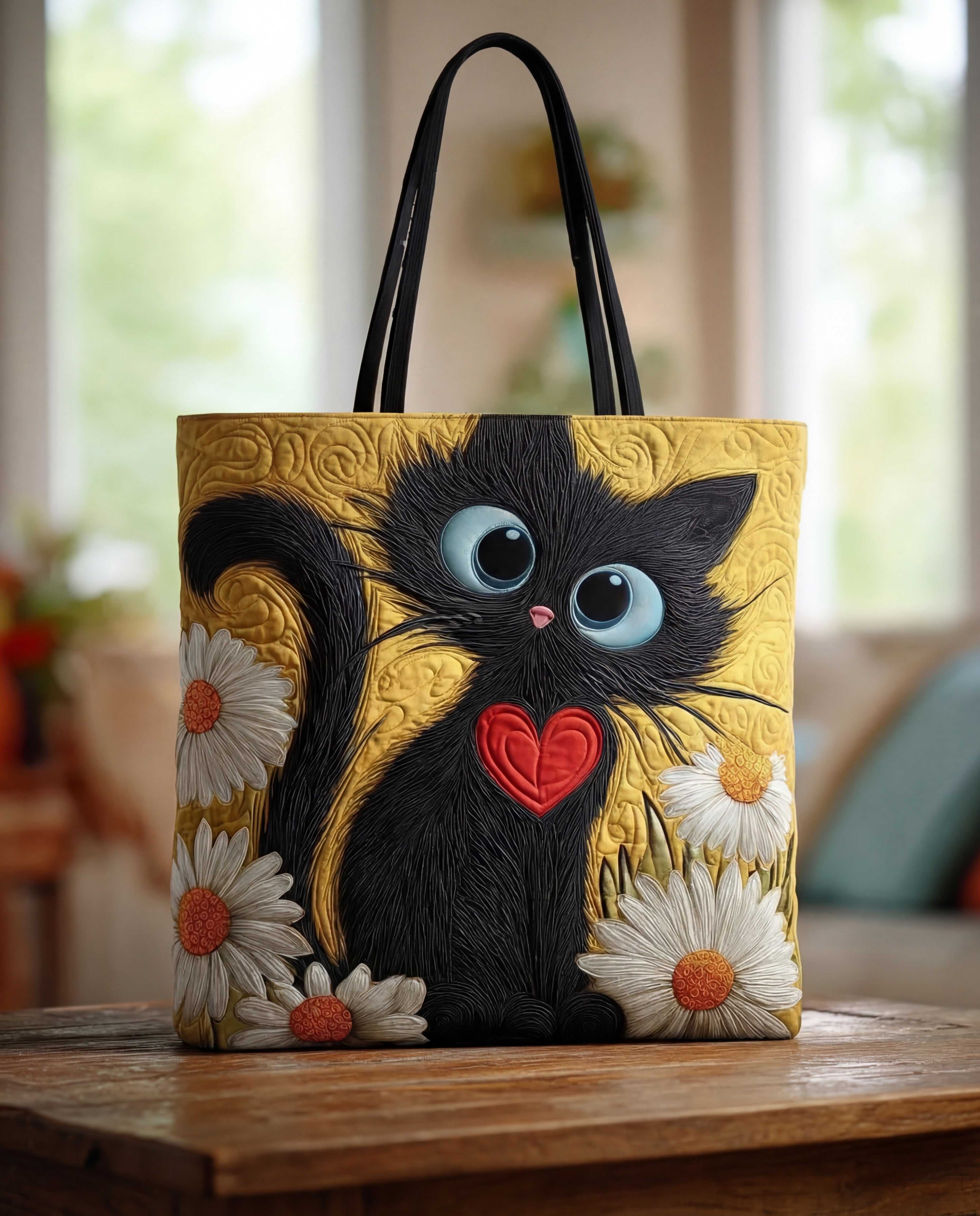 Sac Artisanal - Chat Noir au Cœur et aux Marguerites