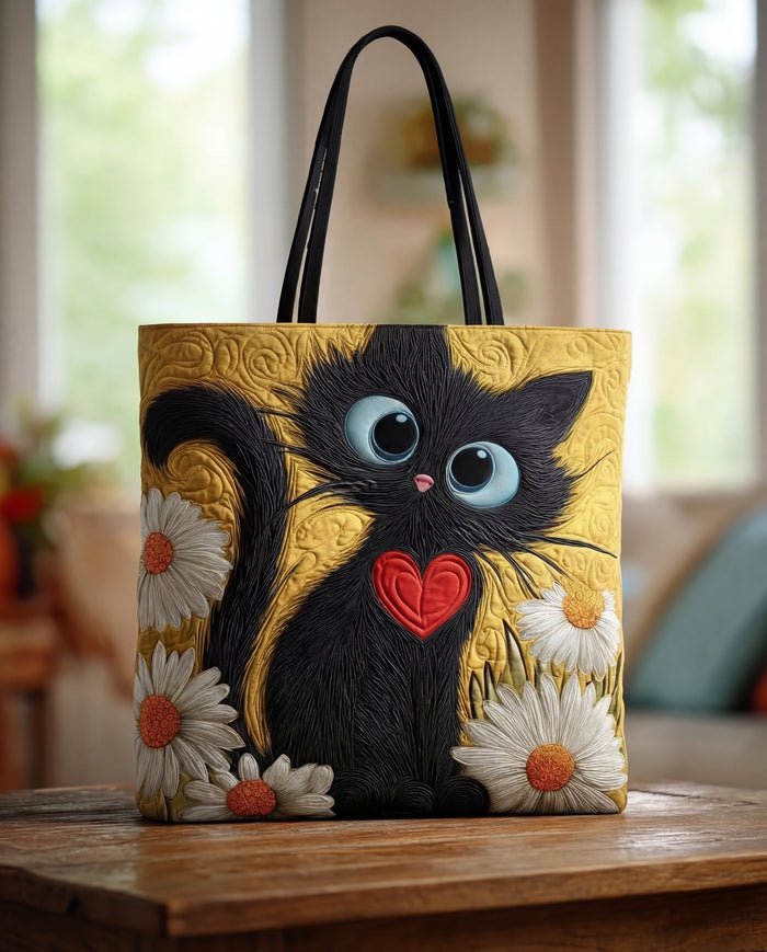 Sac Artisanal - Chat Noir au Cœur et aux Marguerites