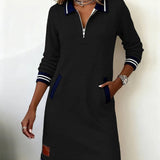 Émilie | Robe droite à col polo zippé et poches