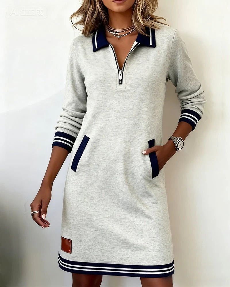 Émilie | Robe midi à col tailleur et poches latérales Gris, photo studio