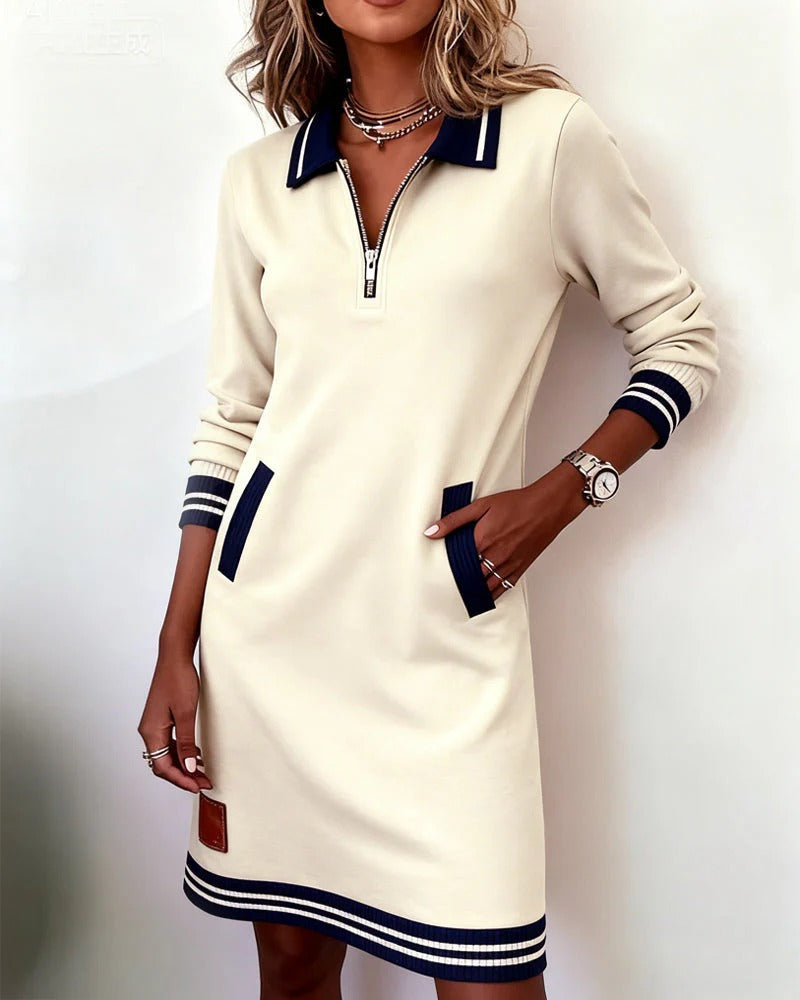 Émilie | Robe midi à col tailleur et poches latérales Blanc, photo studio