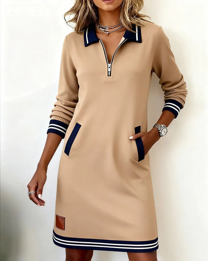 Émilie | Robe midi à col tailleur et poches latérales Beige, photo studio