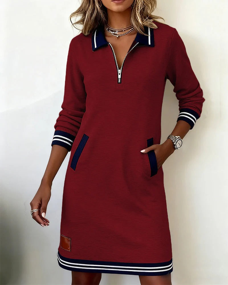 Émilie | Robe midi à col tailleur et poches latérales Rouge, photo studio