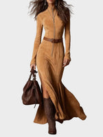 Adrianna | Robe longue en suédine marron ceinturée à fermeture éclair