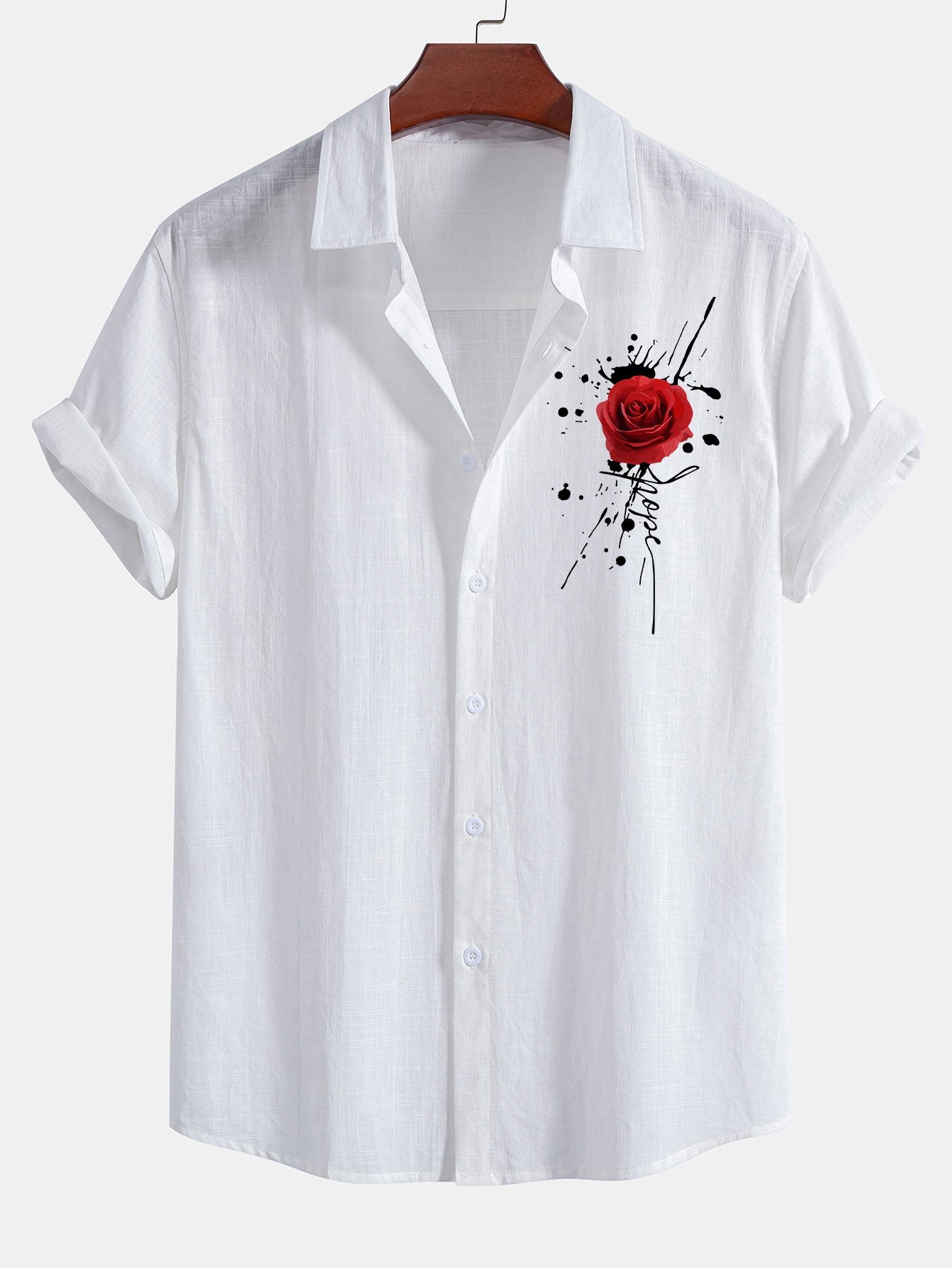 Chemise boutonnée en lin et coton à imprimé roses éclaboussées