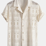 Ensemble — chemise cubaine texturée géométrique à manches courtes & pantalon en lin