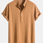 Ensemble — chemise rayée en lin mélangé à col henley & short en lin et coton