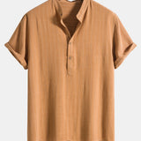 Ensemble — chemise rayée en lin mélangé à col henley & short en lin et coton
