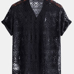 Ensemble — chemise cubaine texturée géométrique à manches courtes & pantalon en lin