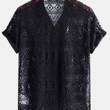 Ensemble — chemise cubaine texturée géométrique à manches courtes & pantalon en lin