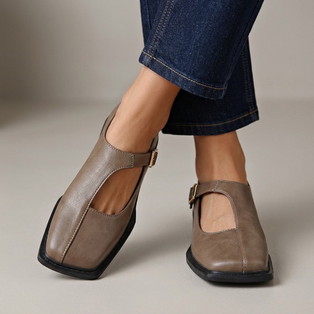 Ballerines Confort en Cuir à Bride - Gris cendré