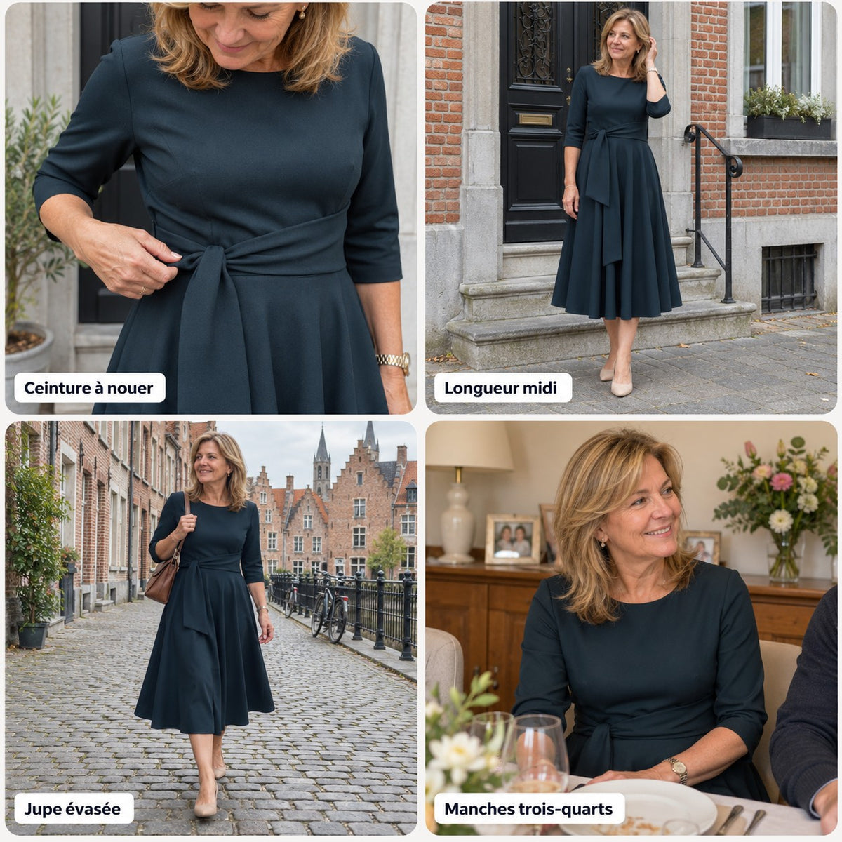 Marie | Robe midi ceinturée à manches trois-quarts
