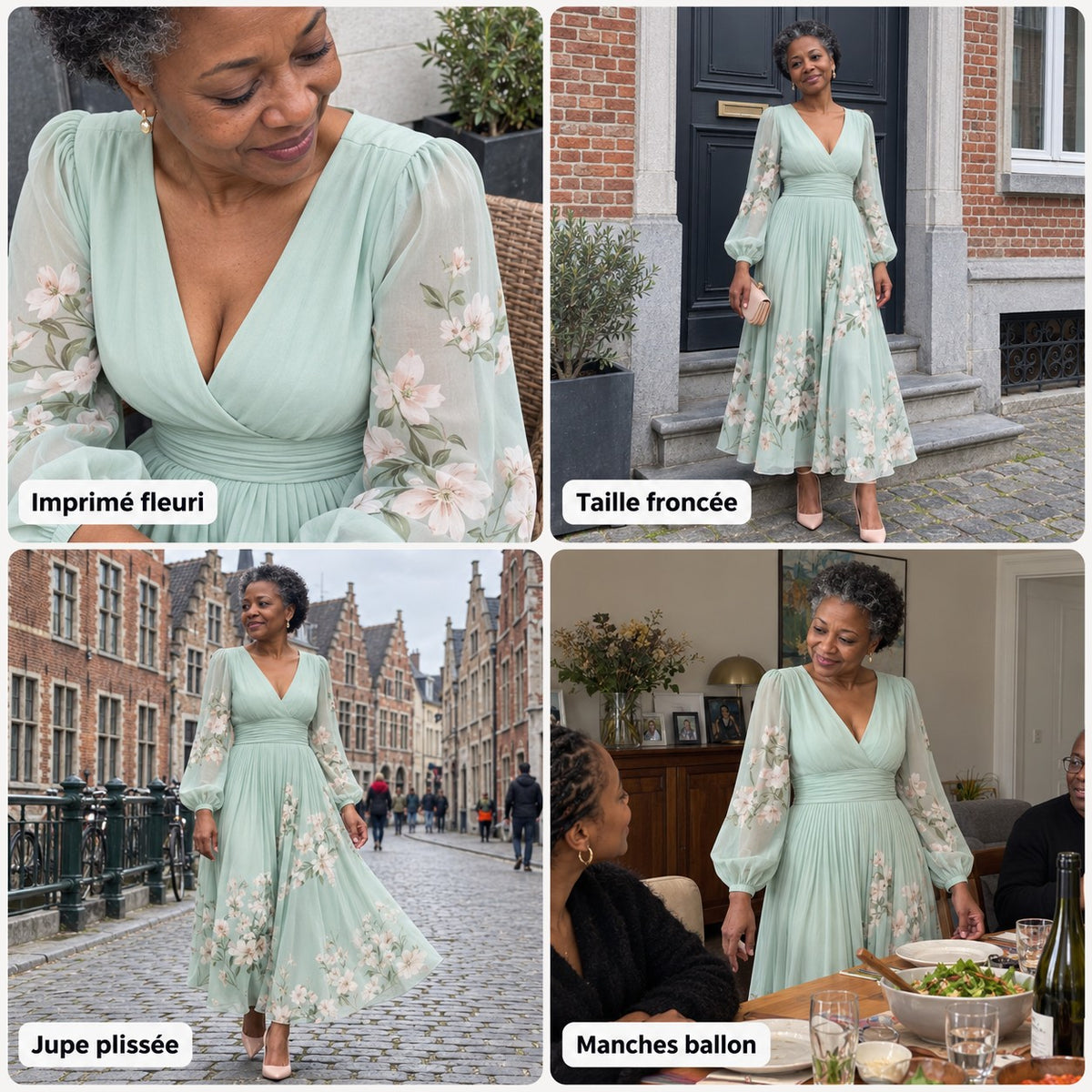 Mylène | Robe midi plissée à manches ballon