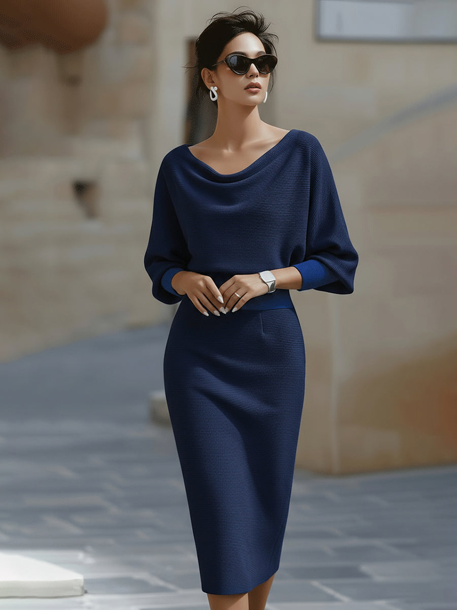 Alix | Robe de cocktail à col bénitier Bleu marine, photo studio