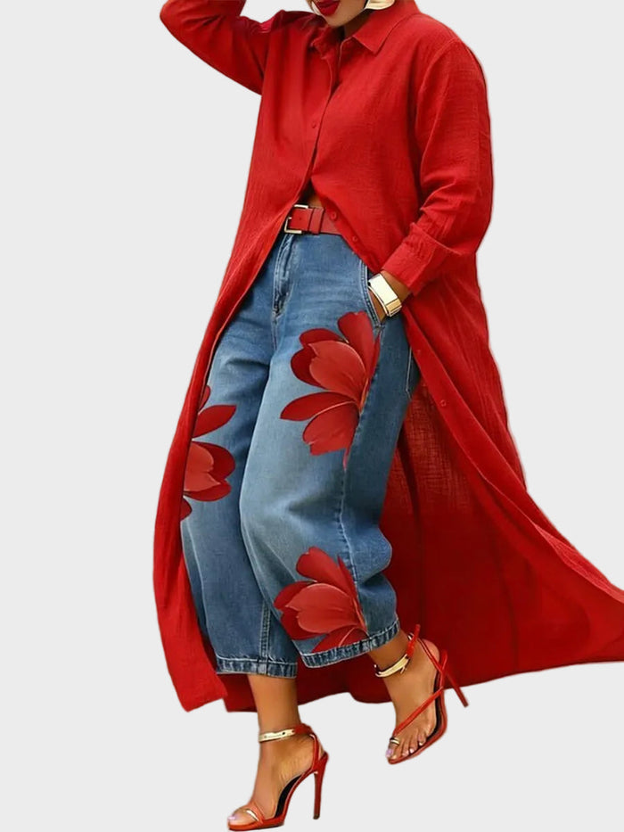 Daniella | Robe en lin et ensemble denim fleuri