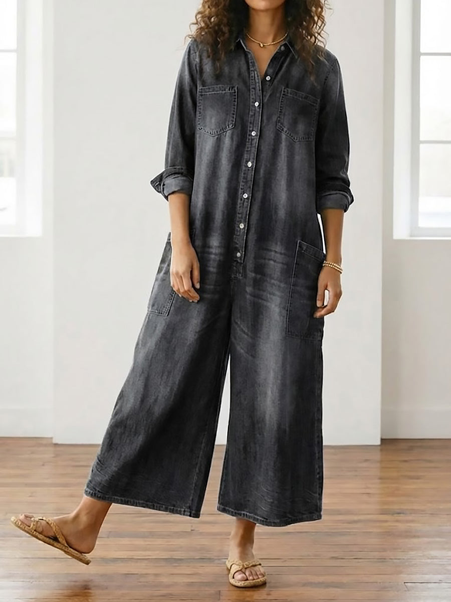 Combinaison en Jean Coton Manches Longues - Noir