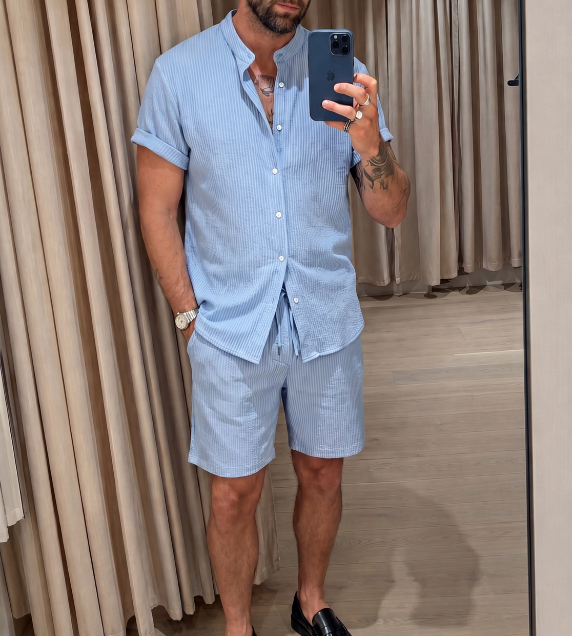 Avis client Henri Beaumont — ensemble chemise et short en seersucker bleu