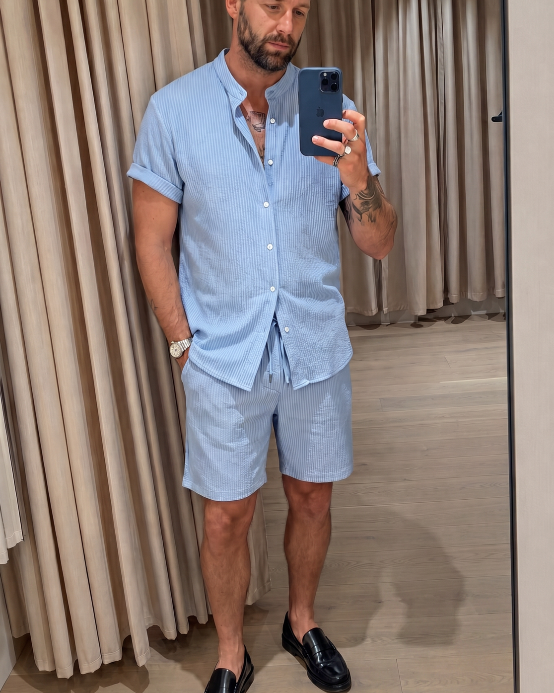 Avis client Henri Beaumont — ensemble chemise et short en seersucker bleu