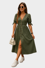 Robe Longue en Jean Boutonnée à Manches 3/4