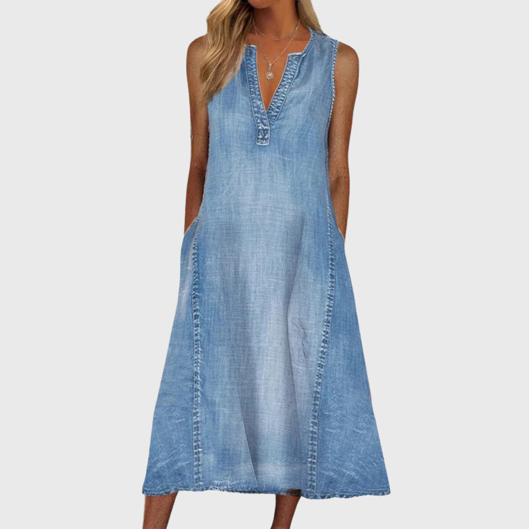 Robe Midi en Jean Sans Manches à Col V