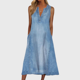 Robe Midi en Jean Sans Manches à Col V
