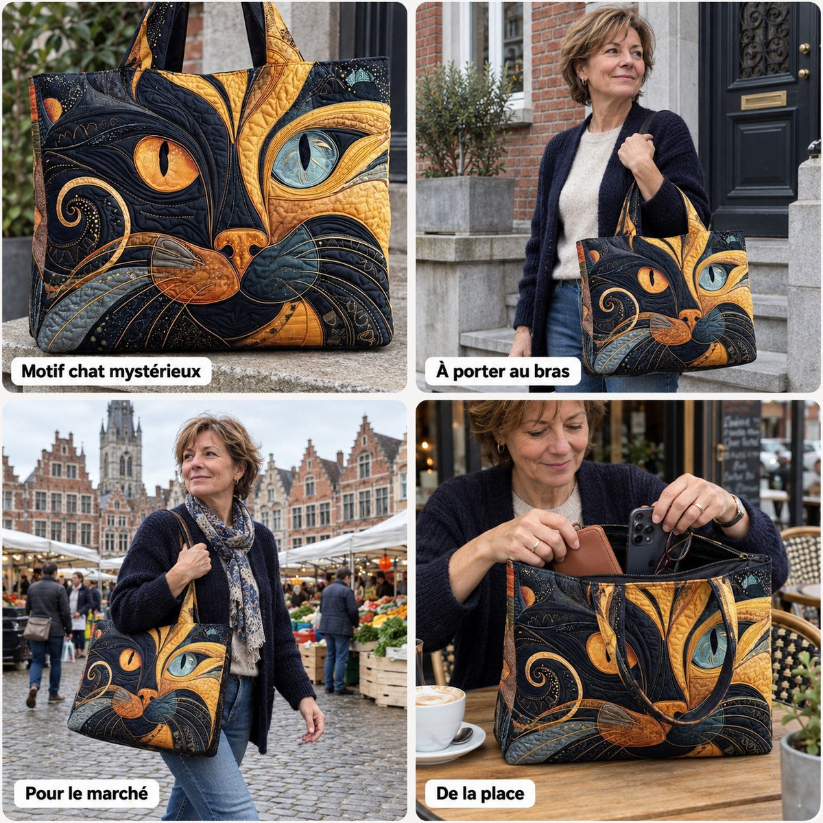 Roxane | Sac cabas matelassé à motif chat mystérieux