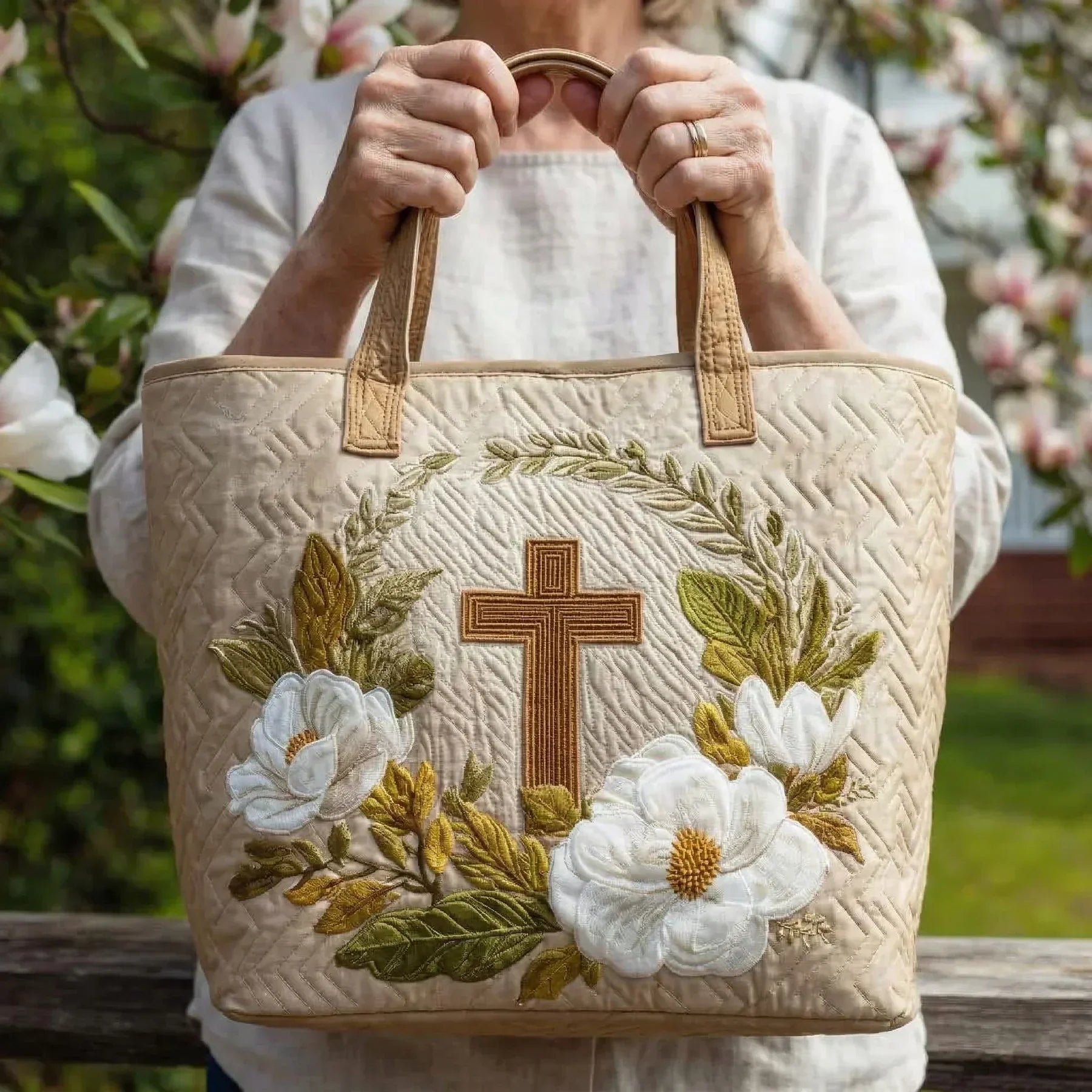 Sac Artisanal - Croix et Fleurs Blanches